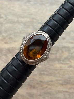 Art Deco Sterling Silver And Large Brown Color Glass Stone